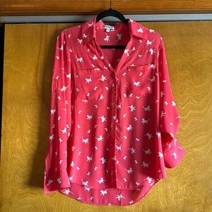 Express Coral Pink Blouse with white kitten & butterfly pattern